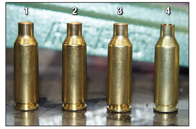 Creating 224 Grendel cases from 6.5 Grendel brass includes using a (1) Redding 6.5 Grendel bushing die with stacked .276- and .265-inch bushings, (2) the same bushing die with .251-inch bushing, (3) a Redding .223-inch mandrel die and (4) trimmed to 1.51 inches.